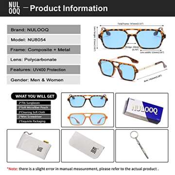 NULOOQ Retro 70s Flat Aviator Sunglasses for Women Men, Vintage Square Small Frame Shades Driving UV400 Protection (Orange/Blue + Leopard/Blue) - 2 Pack