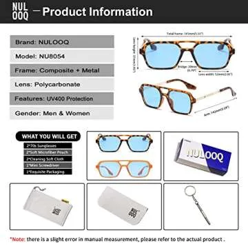 NULOOQ Retro 70s Flat Aviator Sunglasses for Women Men, Vintage Square Small Frame Shades Driving UV400 Protection (Orange/Blue + Leopard/Blue) - 2 Pack