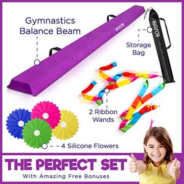 Wavor 8ft Balance Beam: 4 Flowers, 2 Ribbons, Foldable, Easy to Carry, Stable, Firm, 2 Color Options, 4-Inch Wide Kids Gymnastics Beam