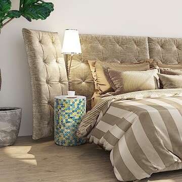 PEMAR Mother of Pearl Inlaid Cylinder Drum End Table Nacre Capiz Shell Side Table Stool Drum Accent Table Coffee Bedside Side Table Round Nightstand and Vanity Stool (Colored Plaid)