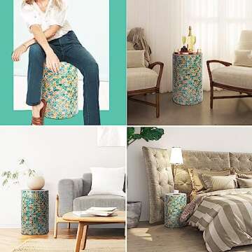 PEMAR Mother of Pearl Inlaid Cylinder Drum End Table Nacre Capiz Shell Side Table Stool Drum Accent Table Coffee Bedside Side Table Round Nightstand and Vanity Stool (Colored Plaid)
