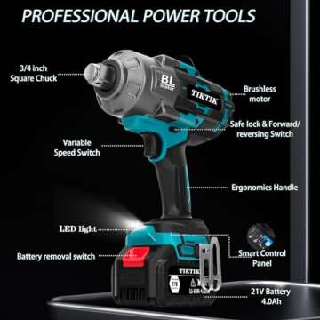 TIKTIK 2000Nm Cordless Impact Gun, 3/4" Brushless High Torque Impact Wrench,5500RPM Power Impact Wrenches w/ 2 * 4.0Ah Battery & Fast Charger,21V Electric Impact Wrenche for Car/Truck RV/Mower