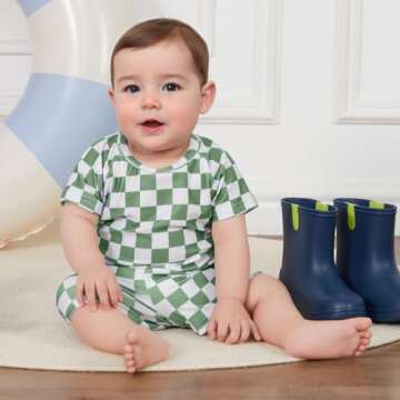 Toddler Boy Two Piece Swimsuit Checkered Short Sleeve top Trunk Rashguard Swimwear Boy Sun Protectio...