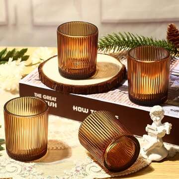 24 Pack Vintage Amber Votive Candle Holders, Glass Candle Holders for Table Centerpiece, Small Teali...