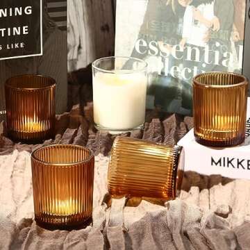 24 Pack Vintage Amber Votive Candle Holders, Glass Candle Holders for Table Centerpiece, Small Tealight Candle Holders for Home Decor, Tea Lights Candle Holders for Party,Fall Decor, Boho Decor