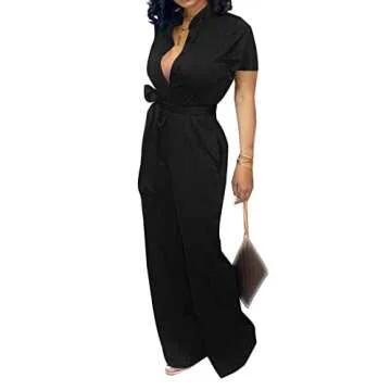 Xinlees Plus Size Jumpsuit For Women Casual V Neck Short Sleeve Jumpsuits Elegant Stand Collar Butto...