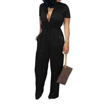 Xinlees Plus Size Jumpsuit For Women Casual V Neck Short Sleeve Jumpsuits Elegant Stand Collar Button Down Long Pants Rompers Straight Club Outfits With Pockets Belt(Black,3X-Large)