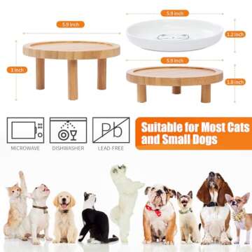 Lusifaco Shallow Elevated Cat Bowls,5.9 Inch Wide Raised Ceramic Cat Dishes with Bamboo Stand, Whisker Friendly Pet Water or Food Plates Feeding Station for Indoor Cats, Kitten(Pink,Set of 2)