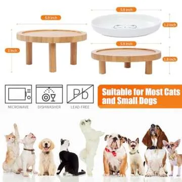 Lusifaco Shallow Elevated Cat Bowls,5.9 Inch Wide Raised Ceramic Cat Dishes with Bamboo Stand, Whisker Friendly Pet Water or Food Plates Feeding Station for Indoor Cats, Kitten(Pink,Set of 2)