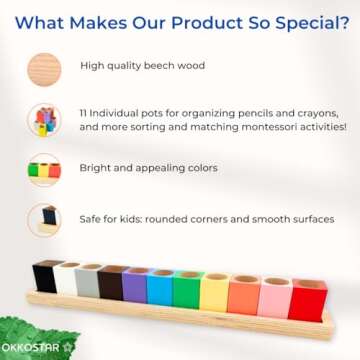 OKKOSTAR Montessori Crayon Organizer for Kids - Wooden Colored Pencil Holder - 11 Cups on a Stand - Crayon Caddy - Marker Storage Organizer - Color Pencil Crayons NOT included (Large)