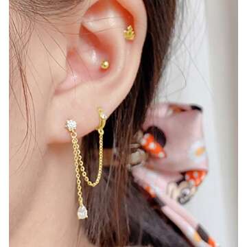 SLUYNZ 925 Sterling Silver Double Piercing Earrings Huggie Cuff Droplet Chain for Women Double Holes...