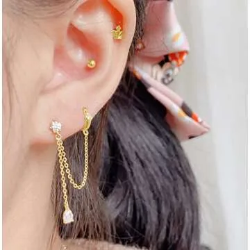 SLUYNZ 925 Sterling Silver Double Piercing Earrings Huggie Cuff Droplet Chain for Women Double Holes Dangle Earrings Cartilage Helix Piercing Earrings Chain (B-Gold Plated)