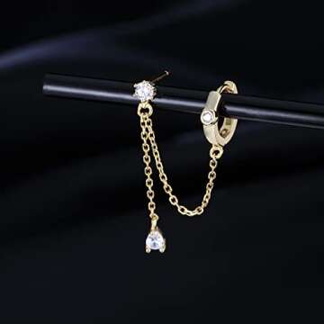 SLUYNZ 925 Sterling Silver Double Piercing Earrings Huggie Cuff Droplet Chain for Women Double Holes Dangle Earrings Cartilage Helix Piercing Earrings Chain (B-Gold Plated)