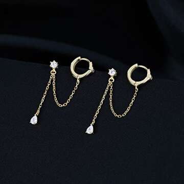 SLUYNZ 925 Sterling Silver Double Piercing Earrings Huggie Cuff Droplet Chain for Women Double Holes Dangle Earrings Cartilage Helix Piercing Earrings Chain (B-Gold Plated)