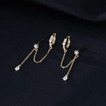 SLUYNZ 925 Sterling Silver Double Piercing Earrings Huggie Cuff Droplet Chain for Women Double Holes Dangle Earrings Cartilage Helix Piercing Earrings Chain (B-Gold Plated)