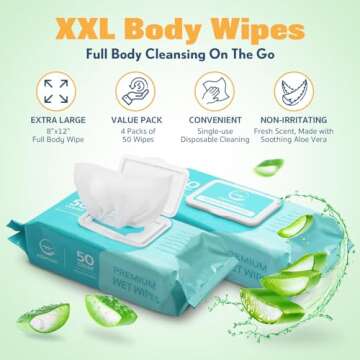 AllSett Health Body Wipes for Adults Bathing No Rinse - Extra Large 8" x 12" (200 count) Incontinenc...