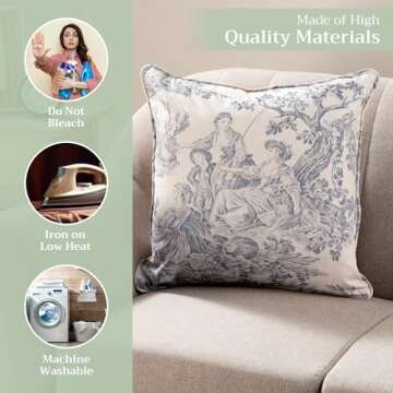 Maison d' Hermine Decorative Pillow Cover 100% Cotton 18 Inch x 18 Inch Toile Washable Cushion Covers with Invisible Zipper for Couch, Bedroom, Home, The Miller - Paloma Grey - Spring/Summer