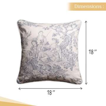 Maison d' Hermine Decorative Pillow Cover 100% Cotton 18 Inch x 18 Inch Toile Washable Cushion Covers with Invisible Zipper for Couch, Bedroom, Home, The Miller - Paloma Grey - Spring/Summer