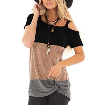 TEMOFON Women's Cold Shoulder Tops Short Sleeve Summer Casual Twist Knot Tunic Blouse T-Shirts Khaki...