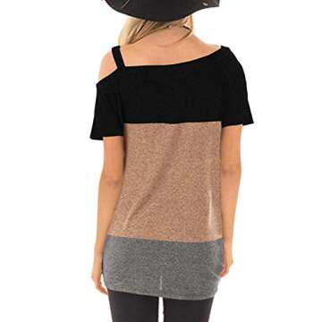 TEMOFON Women's Cold Shoulder Tops Short Sleeve Summer Casual Twist Knot Tunic Blouse T-Shirts Khaki Block M