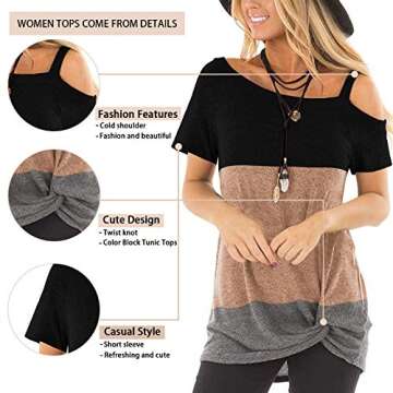 TEMOFON Women's Cold Shoulder Tops Short Sleeve Summer Casual Twist Knot Tunic Blouse T-Shirts Khaki Block M