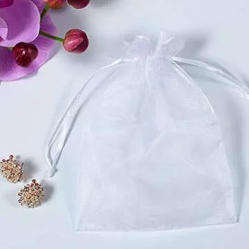 Stratalife 5X7 Organza Bags Small Mesh Bags With Drawstring Bags Small Jewelry Bags Favor Bags Wedding Party Bags Candy Bags (50PCS White)
