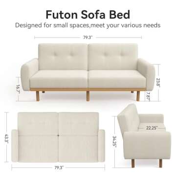 CarterChairr Convertible Futon Sofa Bed,79.3" W Mid Century Modern Love Seat Couch,Button Tufted Upholstered Fabric Small Folding Sofa Cama for Living Room,Bedroom,Apartment,Office,Ivory