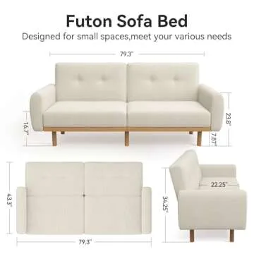CarterChairr Convertible Futon Sofa Bed,79.3" W Mid Century Modern Love Seat Couch,Button Tufted Upholstered Fabric Small Folding Sofa Cama for Living Room,Bedroom,Apartment,Office,Ivory