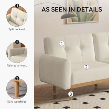 CarterChairr Convertible Futon Sofa Bed,79.3" W Mid Century Modern Love Seat Couch,Button Tufted Upholstered Fabric Small Folding Sofa Cama for Living Room,Bedroom,Apartment,Office,Ivory