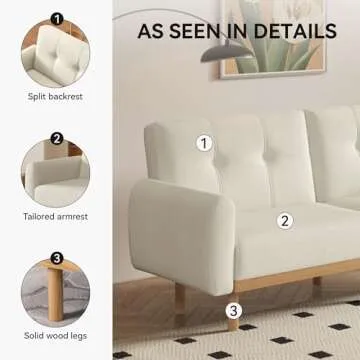 CarterChairr Convertible Futon Sofa Bed,79.3" W Mid Century Modern Love Seat Couch,Button Tufted Upholstered Fabric Small Folding Sofa Cama for Living Room,Bedroom,Apartment,Office,Ivory