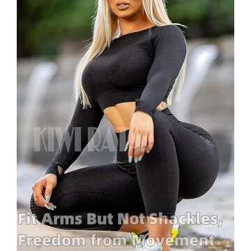 KIWI RATA Long Sleeve Workout Crop Top for Women Gym Compression Shirts Thumb Hole Seamless Yoga Crop T Shirt Top Black L