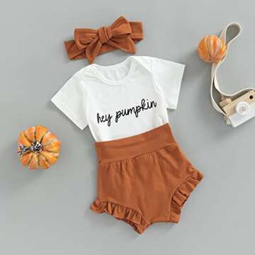 Eadrioss 3Pcs Infant Baby Girl Halloween Outfits - Hey Pumpkin Print Romper Bodysuit Ruffle Shorts S...