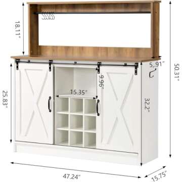 4ever2buy Farmhouse Coffee Bar Cabinet with 9 Wine Racks and 6 Hooks, 47 Inch Coffee Bar Cabinet wit...