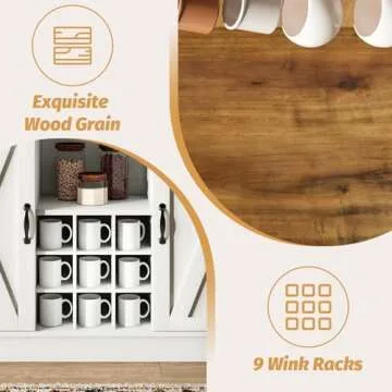 4ever2buy Farmhouse Coffee Bar Cabinet with 9 Wine Racks and 6 Hooks, 47 Inch Coffee Bar Cabinet with Storage, White Kitchen Coffee Cabinet with Hutch and Sliding Barn Door for Living Dining Room