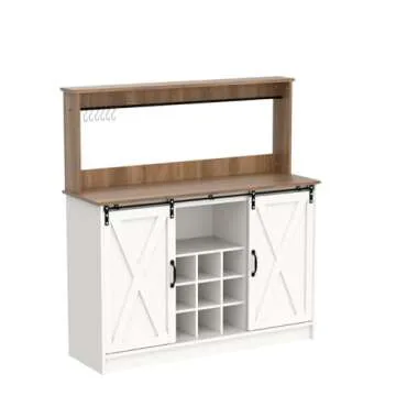 4ever2buy Farmhouse Coffee Bar Cabinet with 9 Wine Racks and 6 Hooks, 47 Inch Coffee Bar Cabinet with Storage, White Kitchen Coffee Cabinet with Hutch and Sliding Barn Door for Living Dining Room