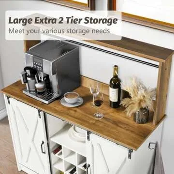 4ever2buy Farmhouse Coffee Bar Cabinet with 9 Wine Racks and 6 Hooks, 47 Inch Coffee Bar Cabinet with Storage, White Kitchen Coffee Cabinet with Hutch and Sliding Barn Door for Living Dining Room