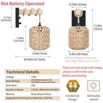 Rattan Boho Wall Sconces Set of Two, Hardwired Hand-Woven Farmhouse Wall Lamps with Wooden Arm & On/...