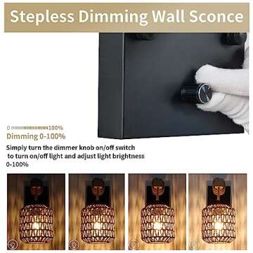 Stylish Rattan Boho Wall Sconces Set - Dimmable Rustic Lighting