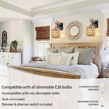 Stylish Rattan Boho Wall Sconces Set - Dimmable Rustic Lighting