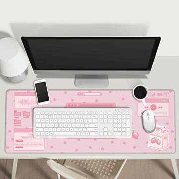 Pink Game Strawberry Milk Gaming Mouse Pad XL, Large Extended Mousepad Desk Pad, Long Nonslip Rubber Mice Mats Stitched Edges Playmat for Office Home Gamer, 31.5x11.8 Inch