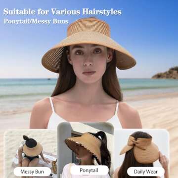 Women's Sun Visor Hats Wide Brim Straw Beach Hat Ponytail Hats for Women Foldable Floppy