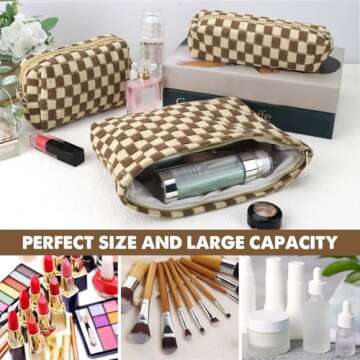 3 Pcs Makeup Bag Cosmetic Bag Set for Girls Women Checkered Travel Organizer Bathroom Toiletry Pouch...