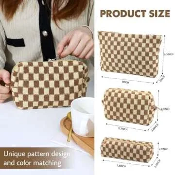 3 Pcs Makeup Bag Cosmetic Bag Set for Girls Women Checkered Travel Organizer Bathroom Toiletry Pouch Large Capacity Storage Bag (Brown)