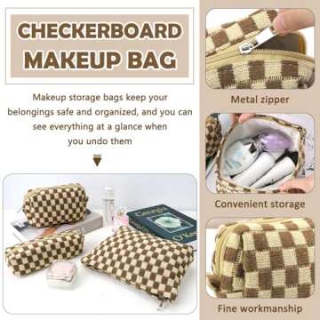 3 Pcs Makeup Bag Cosmetic Bag Set for Girls Women Checkered Travel Organizer Bathroom Toiletry Pouch Large Capacity Storage Bag (Brown)