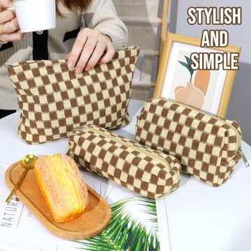 3 Pcs Makeup Bag Cosmetic Bag Set for Girls Women Checkered Travel Organizer Bathroom Toiletry Pouch Large Capacity Storage Bag (Brown)