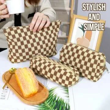 3 Pcs Makeup Bag Cosmetic Bag Set for Girls Women Checkered Travel Organizer Bathroom Toiletry Pouch Large Capacity Storage Bag (Brown)