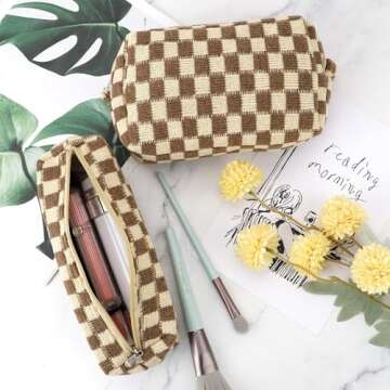 3 Pcs Makeup Bag Cosmetic Bag Set for Girls Women Checkered Travel Organizer Bathroom Toiletry Pouch Large Capacity Storage Bag (Brown)
