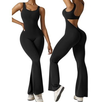 Vertvie Sleeveless Flare Jumpsuits for Women Sexy Backless Bodycon V Back Scrunch Butt Yoga Rompers ...