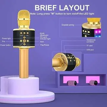 BONAOK Bluetooth Wireless Karaoke Microphone with LED Lights,4-in-1 Portable Handheld Mic with Speaker Karaoke Player for Singing Home Party Toys Birthday Gift for Kids Adults Girls Q78(Gold)