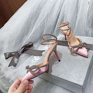 Onlymaker Women's Party Rhinestone Ankle Strap Sandals Bowknot Satin Pointy Toe High Heels Sandals Pink Size 9
